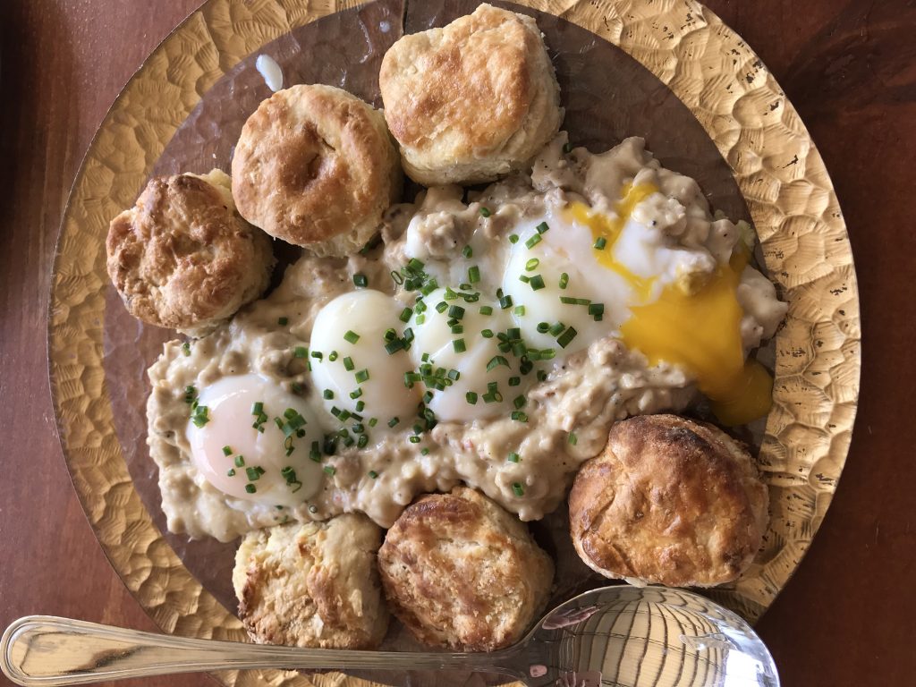 Sausage & Gravy, Poached Eggs, Buttermilk Biscuits from Swank Farms
