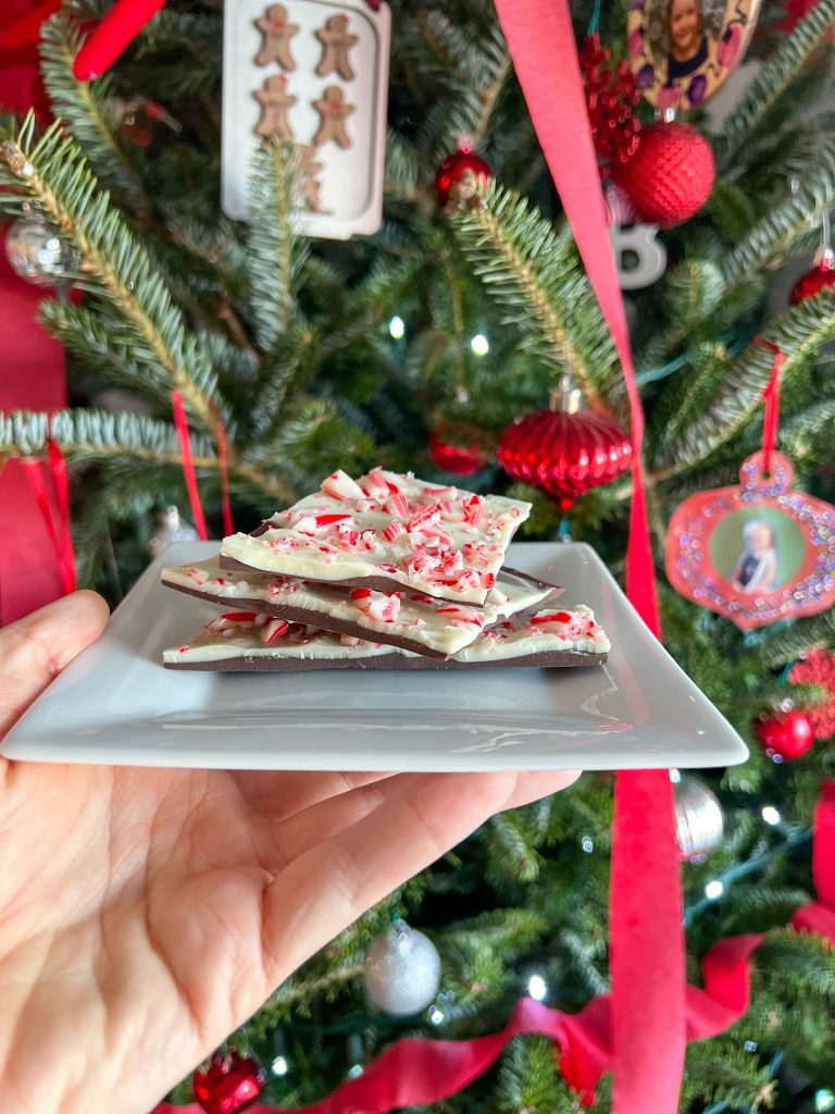 Easy Peppermint Bark in front of the Christmas tree